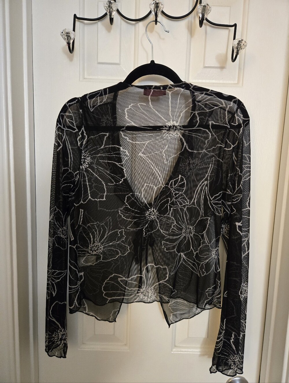 Ragdoll Black Sheer Mesh Long-Sleeve Floral Tie-Front Top L